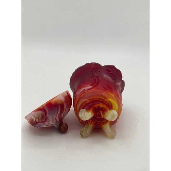 Vintage Red & White Slag Glass Covered Dish Candy Jar on Tripod Feet - Picture 10 of 10